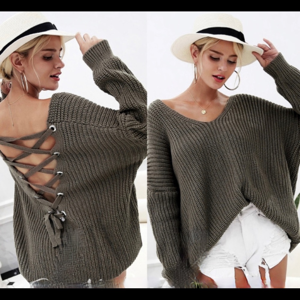 NEW! Lace up Sweater Olive - Picture 1 of 3